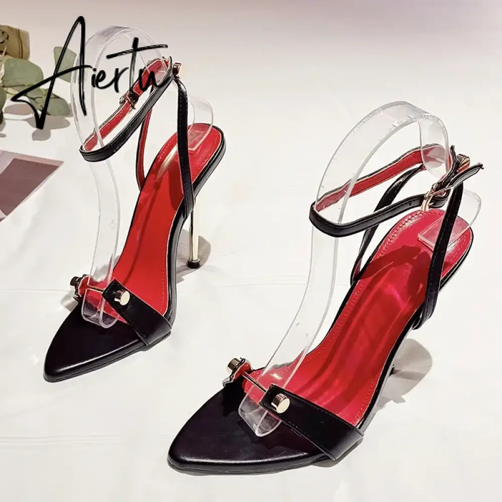 Aiertu  Fashion Pointed Toe High Heels Designer Sandals Thin Heel Metal T-Head Rivet Stripe Narrow Band Ankle Strap Sandalia Aiertu
