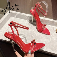 Aiertu  Fashion Pointed Toe High Heels Designer Sandals Thin Heel Metal T-Head Rivet Stripe Narrow Band Ankle Strap Sandalia Aiertu
