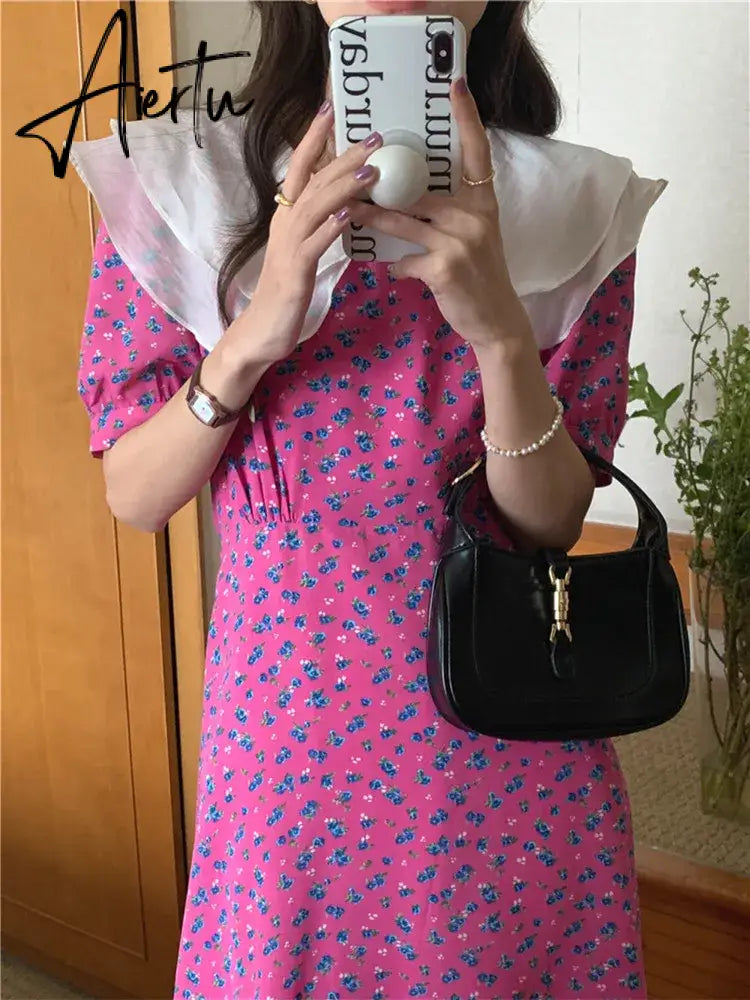 Aiertu Fashion Ruffle Floral Summer Dress Women Korean Ladies Chic Dresses Elegant Woman Dress New Aiertu