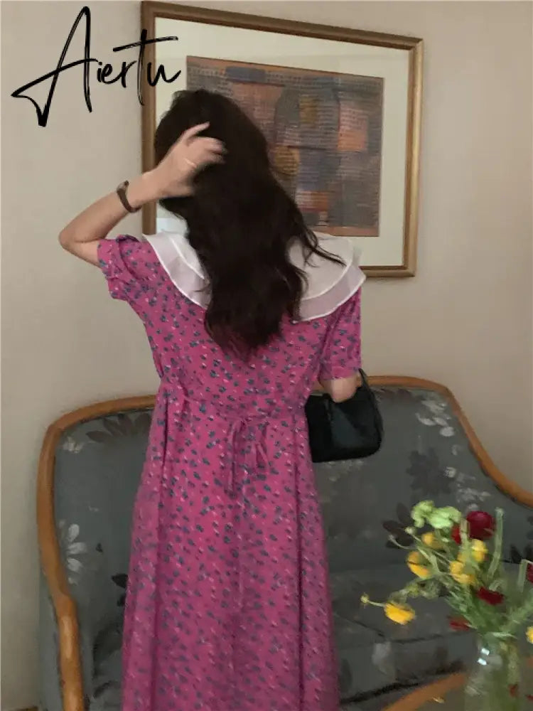 Aiertu Fashion Ruffle Floral Summer Dress Women Korean Ladies Chic Dresses Elegant Woman Dress New Aiertu