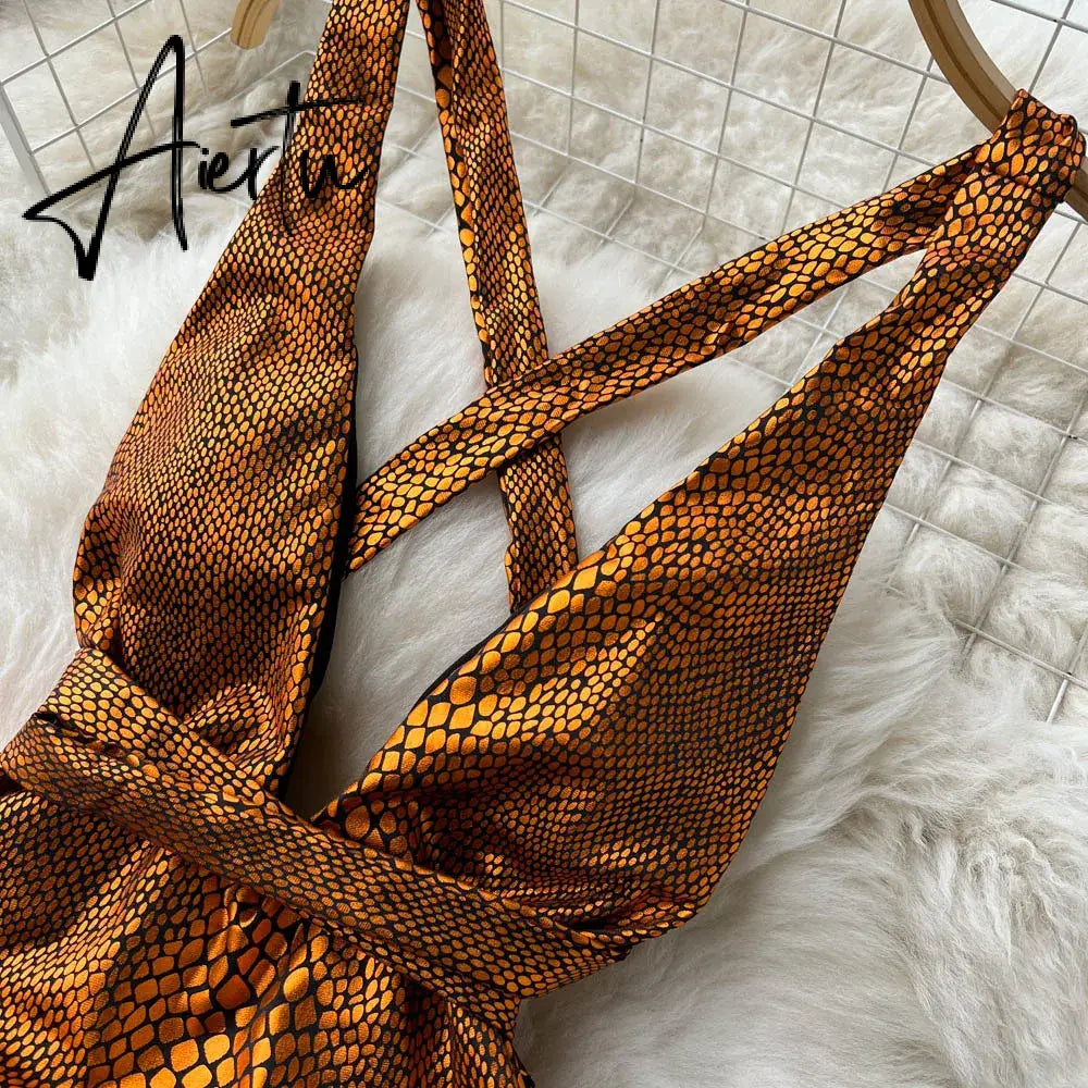 Aiertu  Fashion Serpentine Print Sexy Bodysuits Hollow Out Cross Short Playsuit Streetwear Vacation Beach Backless Slim Romper Aiertu