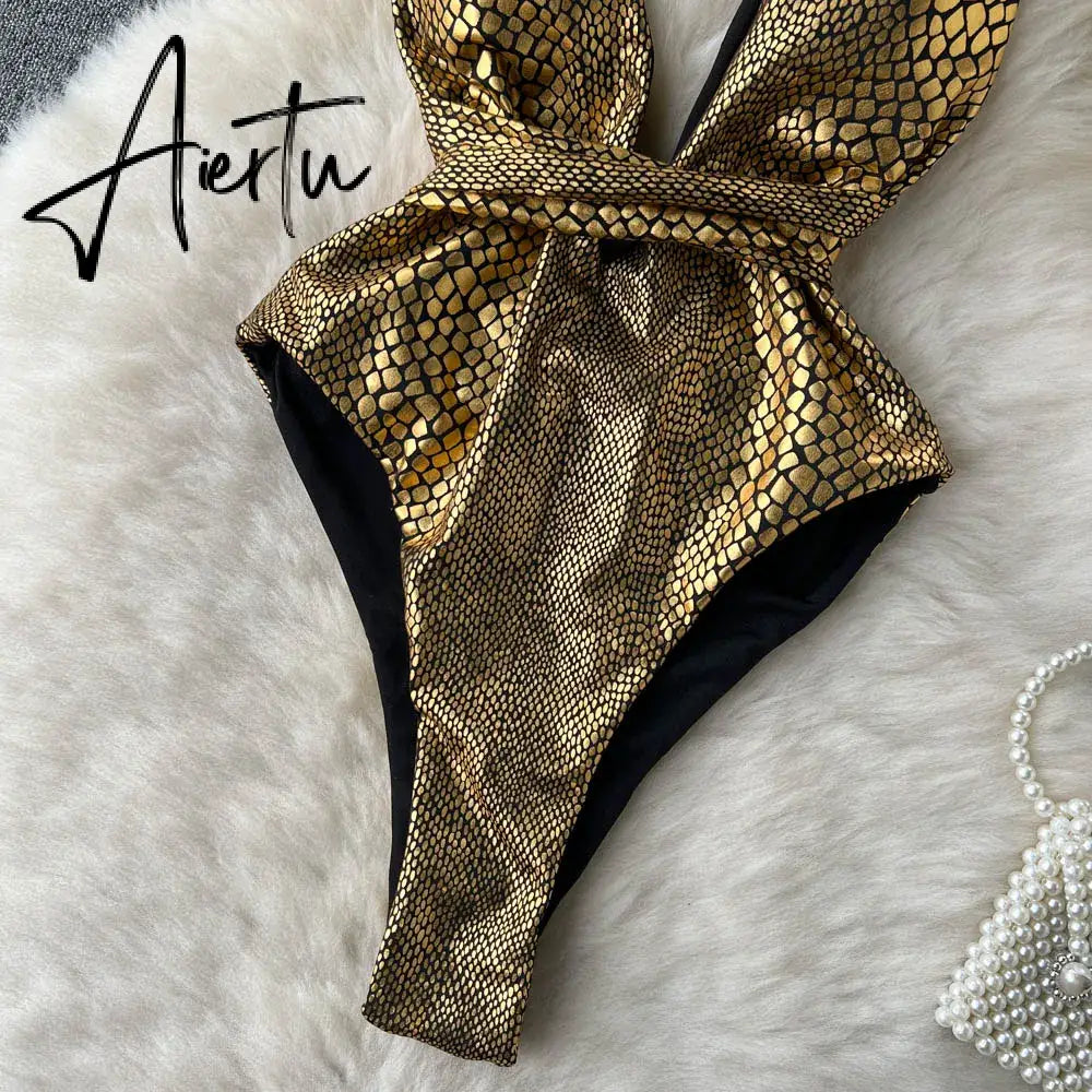 Aiertu  Fashion Serpentine Print Sexy Bodysuits Hollow Out Cross Short Playsuit Streetwear Vacation Beach Backless Slim Romper Aiertu