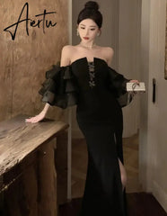 Aiertu Fashion Sexy Black Party Prom Dresses Elegant Slim Waist Split Runway Robe Women Spring Summer Off Shoulder Vestidos Clothes Aiertu