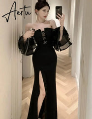 Aiertu Fashion Sexy Black Party Prom Dresses Elegant Slim Waist Split Runway Robe Women Spring Summer Off Shoulder Vestidos Clothes Aiertu