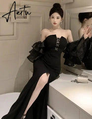 Aiertu Fashion Sexy Black Party Prom Dresses Elegant Slim Waist Split Runway Robe Women Spring Summer Off Shoulder Vestidos Clothes Aiertu