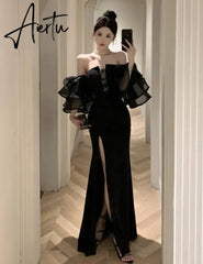 Aiertu Fashion Sexy Black Party Prom Dresses Elegant Slim Waist Split Runway Robe Women Spring Summer Off Shoulder Vestidos Clothes Aiertu