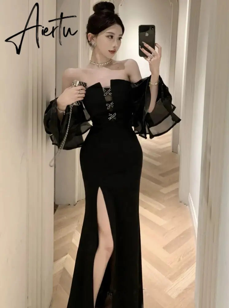 Aiertu Fashion Sexy Black Party Prom Dresses Elegant Slim Waist Split Runway Robe Women Spring Summer Off Shoulder Vestidos Clothes Aiertu