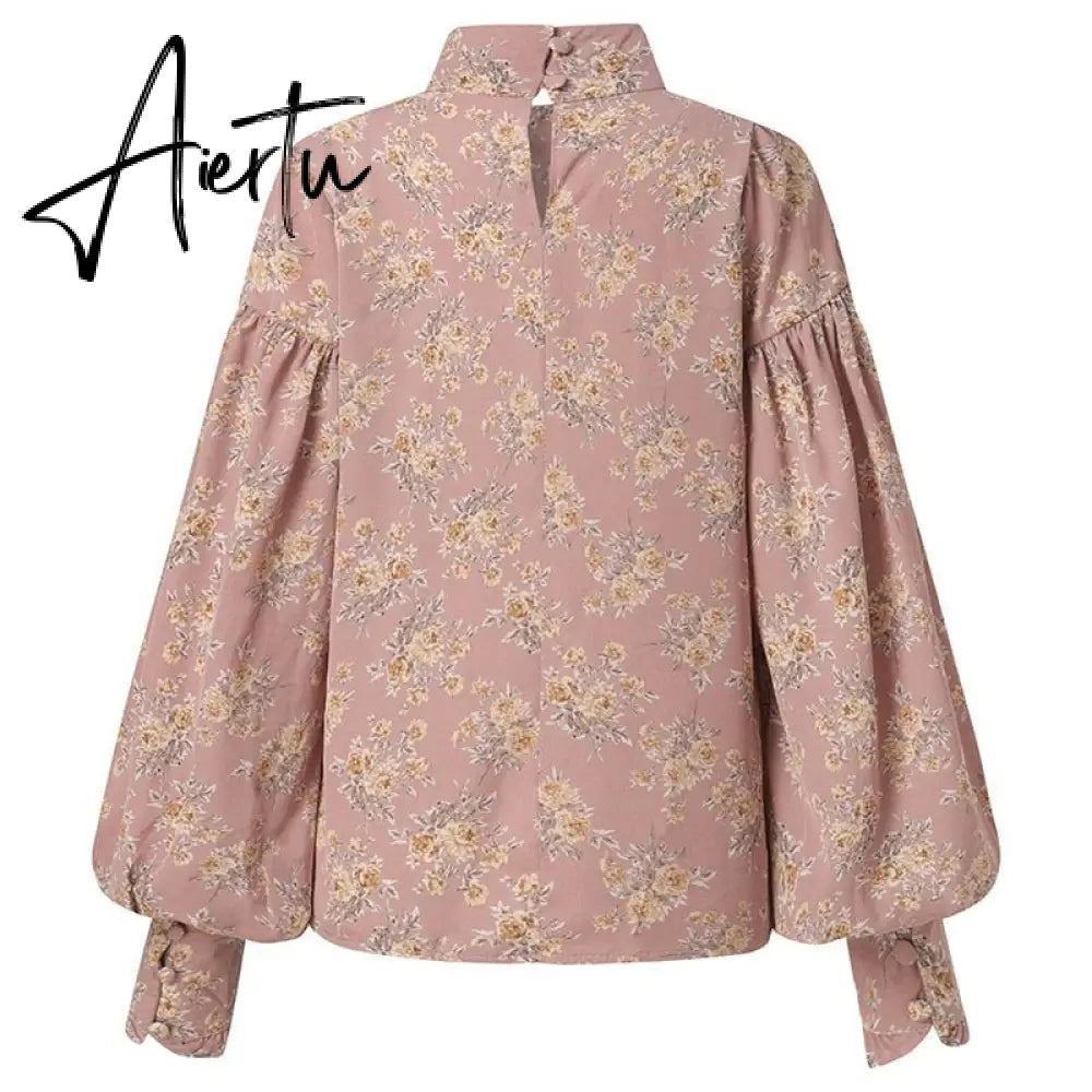 Aiertu Fashion Shirts Autumn Women Big Lantern Sleeve Bohemian Floral Print Blouse Casual Loose Stand Collar Elegant Tops Aiertu