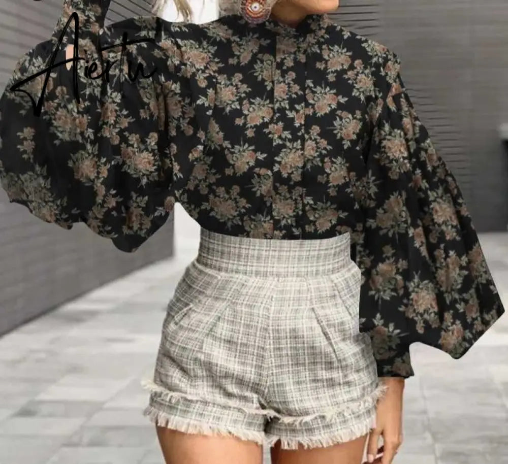 Aiertu Fashion Shirts Autumn Women Big Lantern Sleeve Bohemian Floral Print Blouse Casual Loose Stand Collar Elegant Tops Aiertu