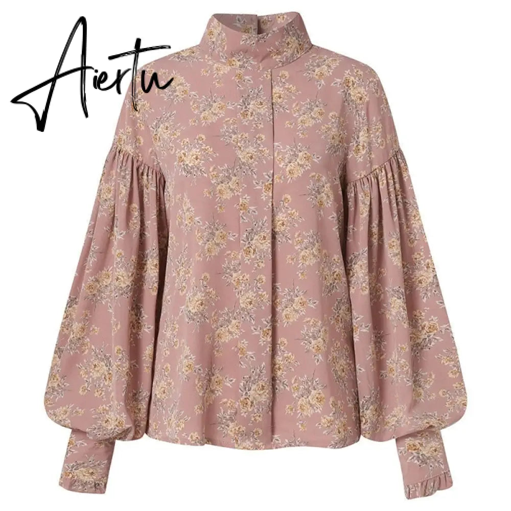 Aiertu Fashion Shirts Autumn Women Big Lantern Sleeve Bohemian Floral Print Blouse Casual Loose Stand Collar Elegant Tops Aiertu