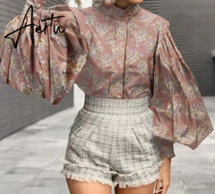 Aiertu Fashion Shirts Autumn Women Big Lantern Sleeve Bohemian Floral Print Blouse Casual Loose Stand Collar Elegant Tops Aiertu