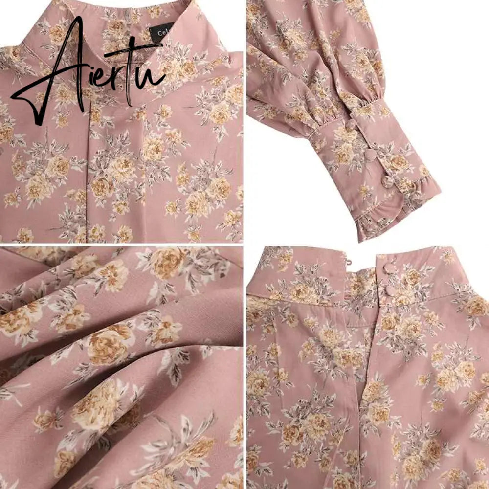 Aiertu Fashion Shirts Autumn Women Big Lantern Sleeve Bohemian Floral Print Blouse Casual Loose Stand Collar Elegant Tops Aiertu