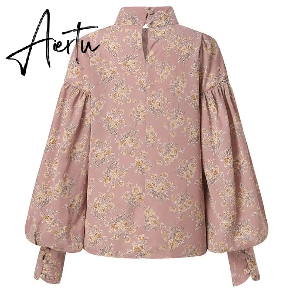 Aiertu Fashion Shirts Autumn Women Big Lantern Sleeve Bohemian Floral Print Blouse Casual Loose Stand Collar Elegant Tops Aiertu