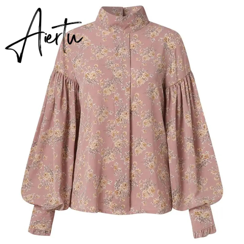 Aiertu Fashion Shirts Autumn Women Big Lantern Sleeve Bohemian Floral Print Blouse Casual Loose Stand Collar Elegant Tops Aiertu
