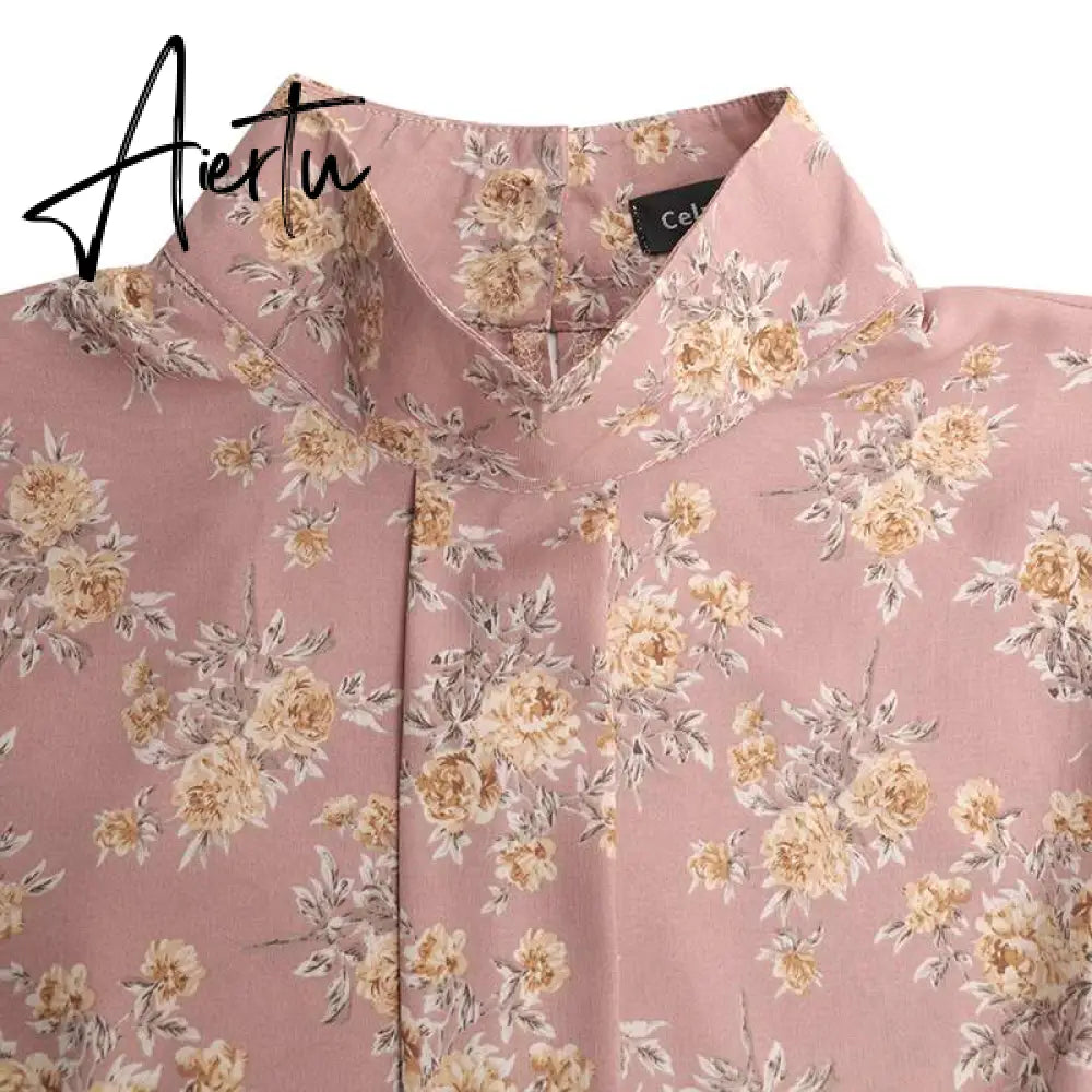 Aiertu Fashion Shirts Autumn Women Big Lantern Sleeve Bohemian Floral Print Blouse Casual Loose Stand Collar Elegant Tops Aiertu