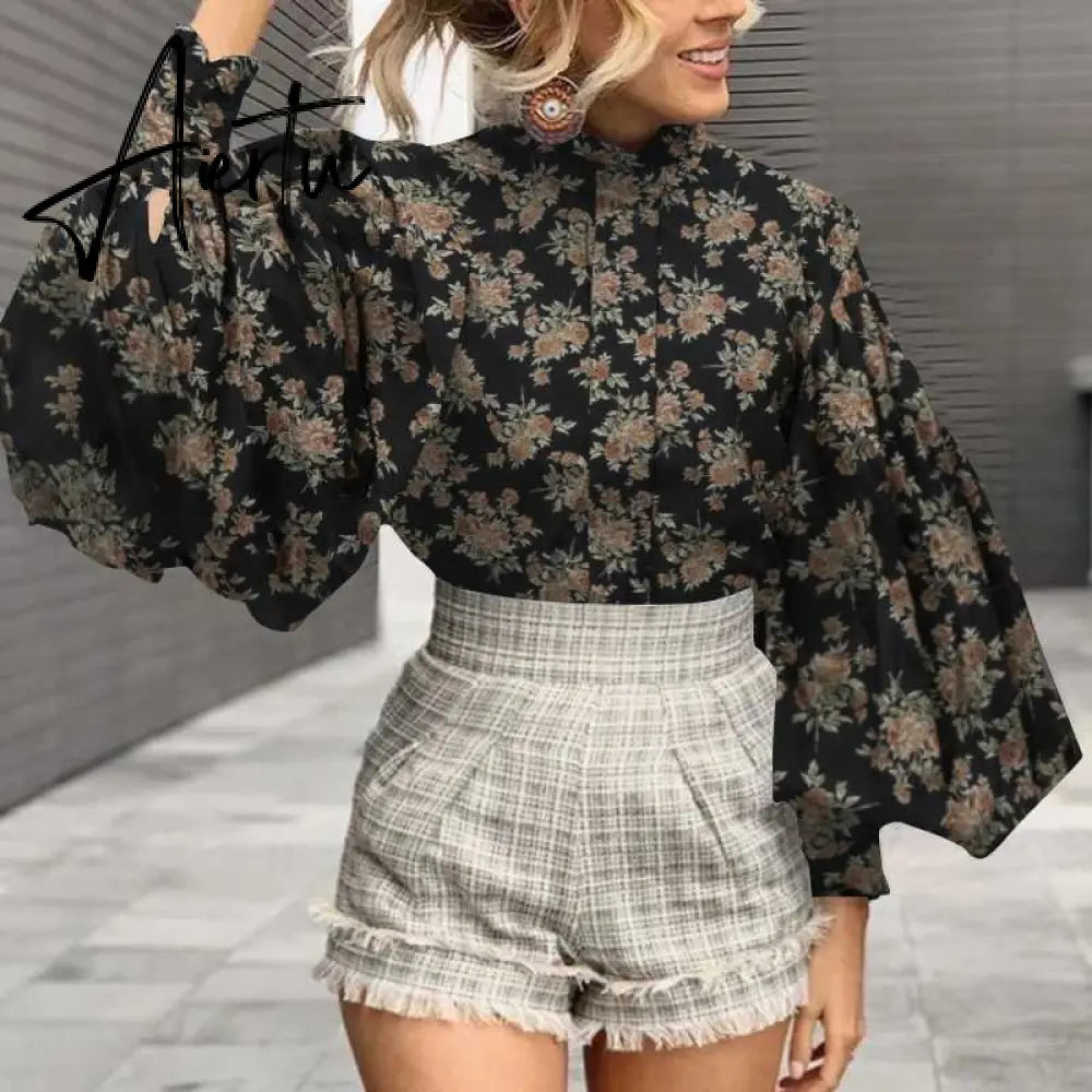 Aiertu Fashion Shirts Autumn Women Big Lantern Sleeve Bohemian Floral Print Blouse Casual Loose Stand Collar Elegant Tops Aiertu