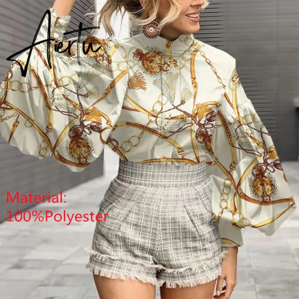 Aiertu Fashion Shirts Autumn Women Big Lantern Sleeve Bohemian Floral Print Blouse Casual Loose Stand Collar Elegant Tops Aiertu