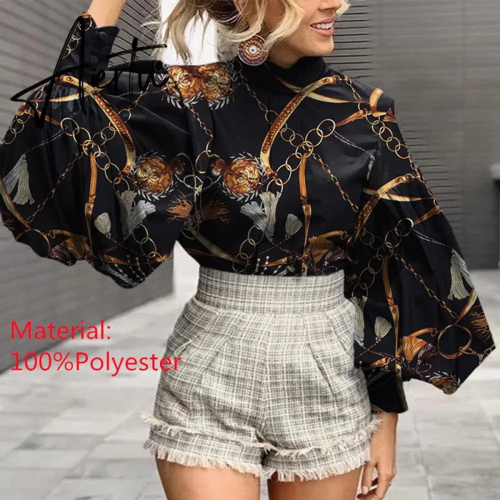 Aiertu Fashion Shirts Autumn Women Big Lantern Sleeve Bohemian Floral Print Blouse Casual Loose Stand Collar Elegant Tops Aiertu