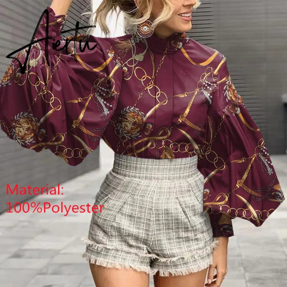 Aiertu Fashion Shirts Autumn Women Big Lantern Sleeve Bohemian Floral Print Blouse Casual Loose Stand Collar Elegant Tops Aiertu