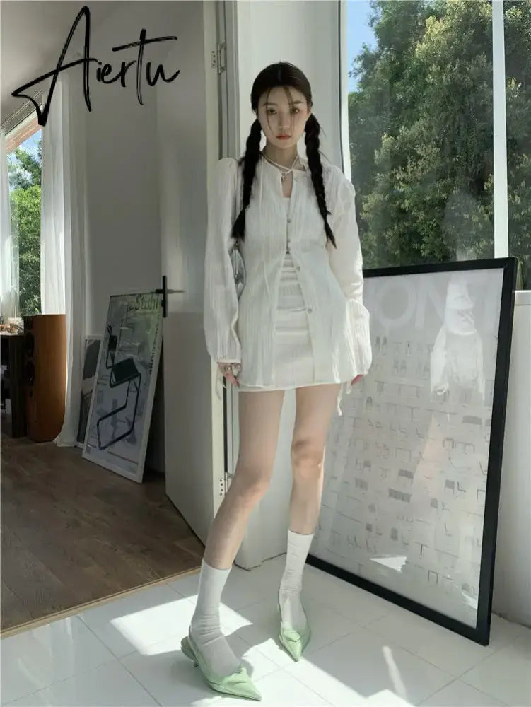 Aiertu Fashion Suit Women Long Sleeve Lacing Up Sun Protection Shirt Summer High Waist Pleated Half Body Short Skirt Two Pieces Clothes Aiertu
