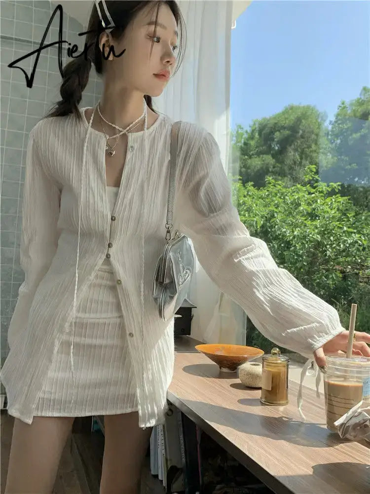 Aiertu Fashion Suit Women Long Sleeve Lacing Up Sun Protection Shirt Summer High Waist Pleated Half Body Short Skirt Two Pieces Clothes Aiertu