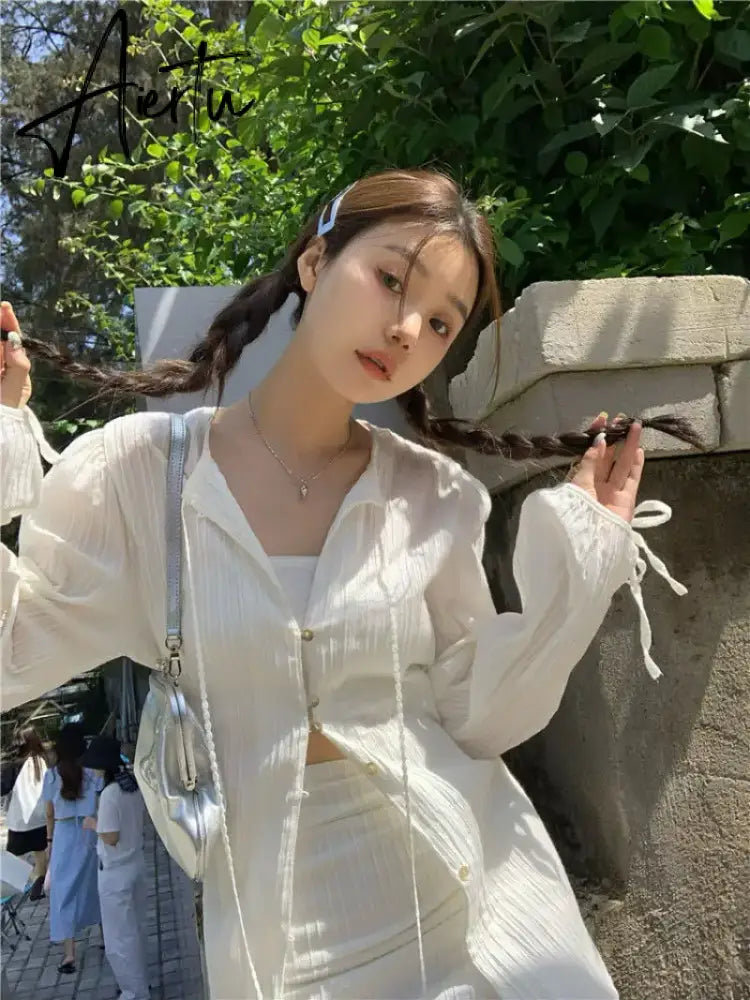 Aiertu Fashion Suit Women Long Sleeve Lacing Up Sun Protection Shirt Summer High Waist Pleated Half Body Short Skirt Two Pieces Clothes Aiertu