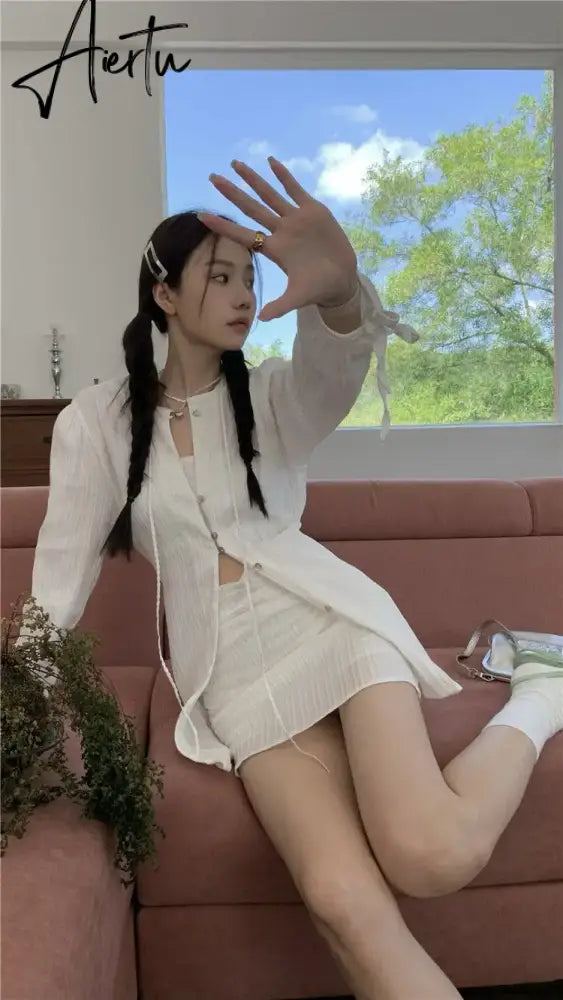 Aiertu Fashion Suit Women Long Sleeve Lacing Up Sun Protection Shirt Summer High Waist Pleated Half Body Short Skirt Two Pieces Clothes Aiertu