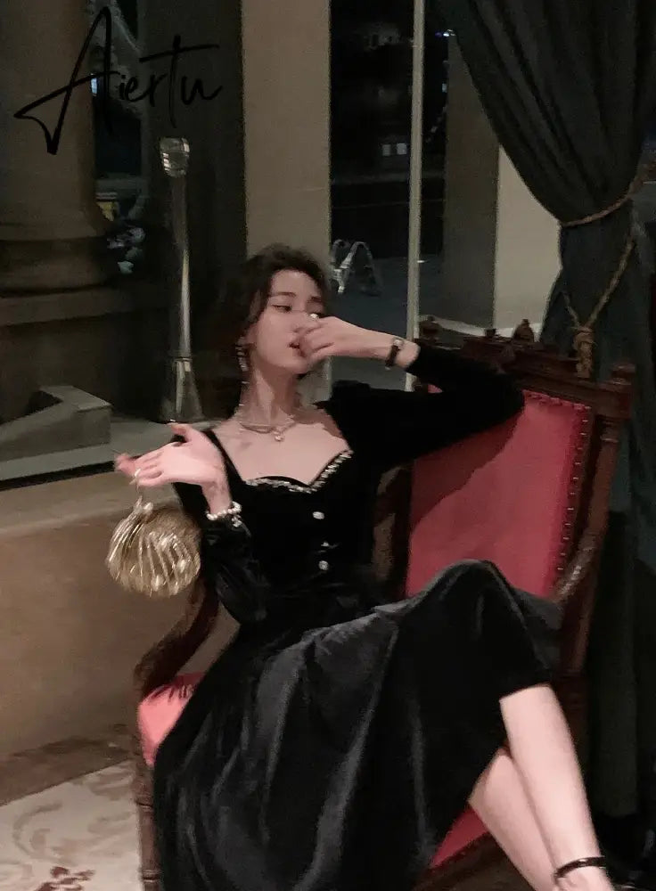 Aiertu Fashion Summer New Elegant Spaghetti Strap Velvet Vintage Black Dress Women Sexy Prom Evening Party Korean Style Dresses Aiertu