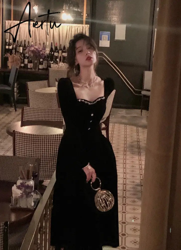 Aiertu Fashion Summer New Elegant Spaghetti Strap Velvet Vintage Black Dress Women Sexy Prom Evening Party Korean Style Dresses Aiertu