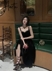 Aiertu Fashion Summer New Elegant Spaghetti Strap Velvet Vintage Black Dress Women Sexy Prom Evening Party Korean Style Dresses Aiertu
