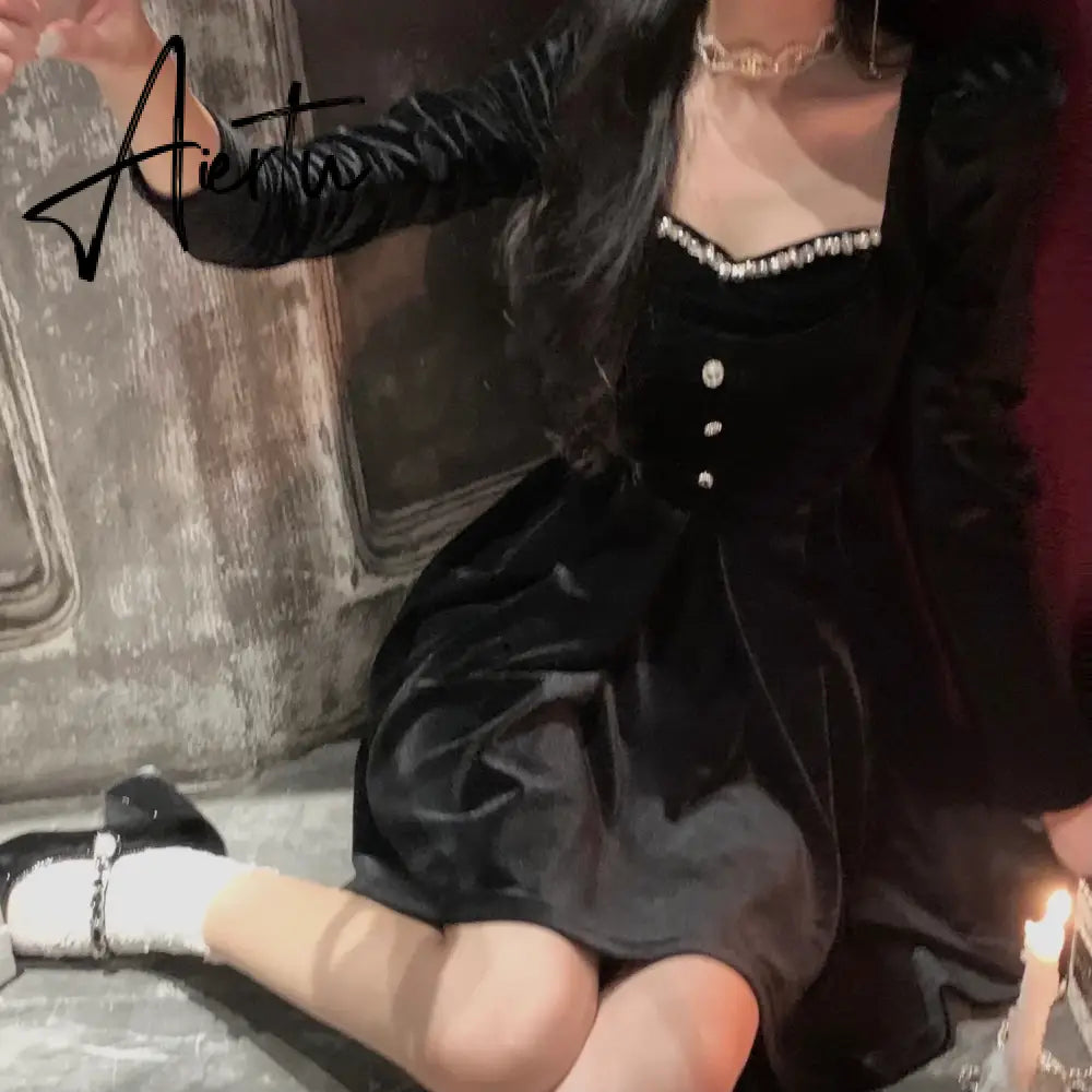Aiertu Fashion Summer New Elegant Spaghetti Strap Velvet Vintage Black Dress Women Sexy Prom Evening Party Korean Style Dresses Aiertu