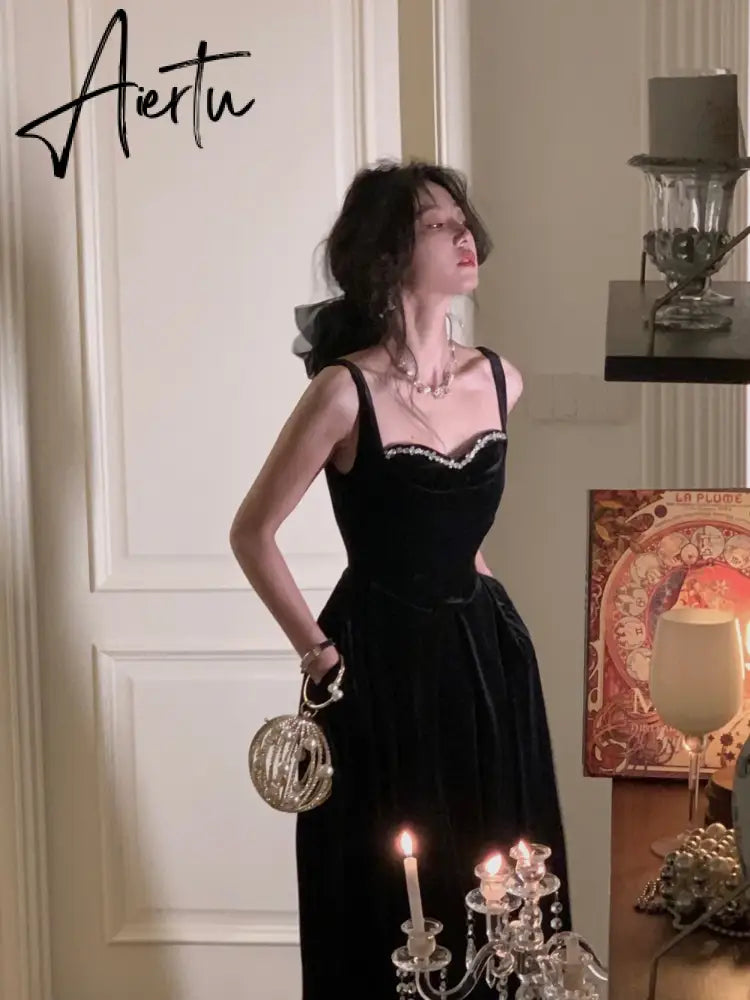 Aiertu Fashion Summer New Elegant Spaghetti Strap Velvet Vintage Black Dress Women Sexy Prom Evening Party Korean Style Dresses Aiertu