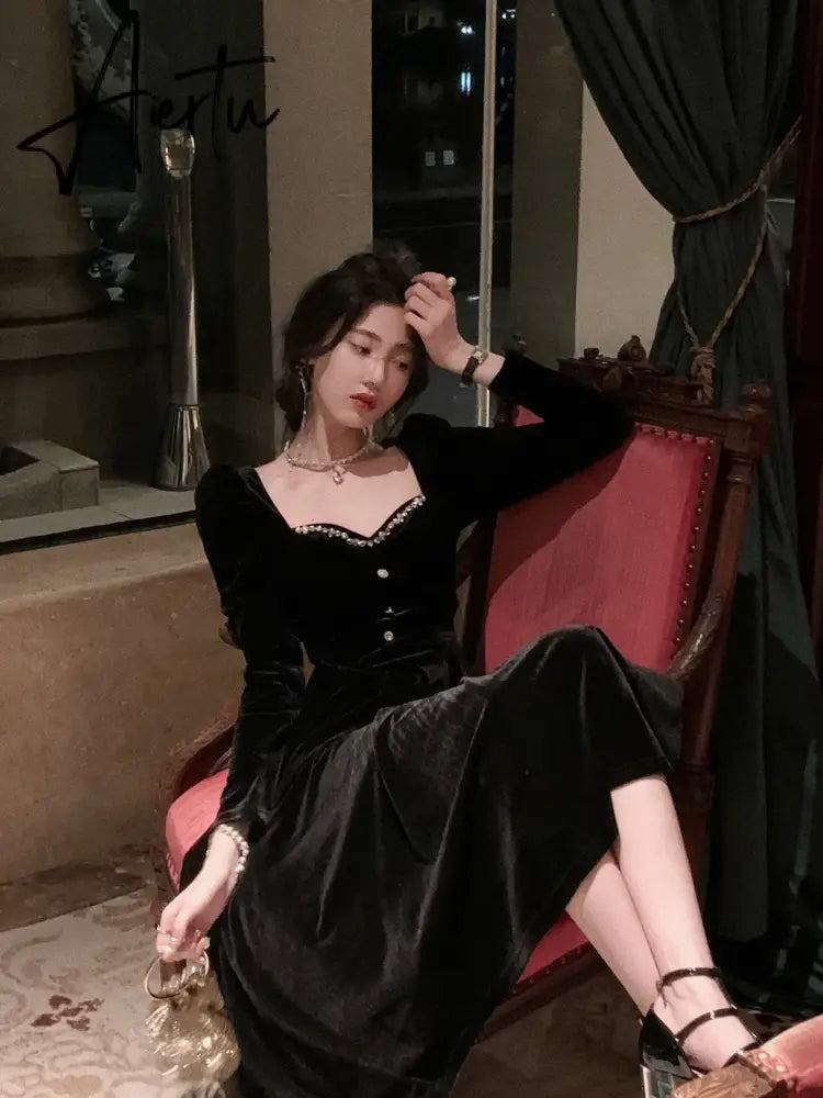Aiertu Fashion Summer New Elegant Spaghetti Strap Velvet Vintage Black Dress Women Sexy Prom Evening Party Korean Style Dresses Aiertu