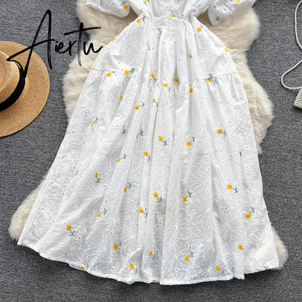 Aiertu Fashion Sweet Long Sundress Women Square Collar Short Puff Sleeves Embroidery Floral Ruched Zipper Beach Style Dress Aiertu