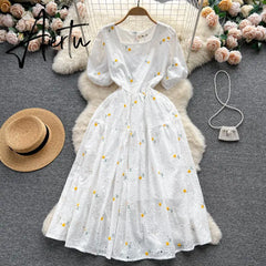 Aiertu Fashion Sweet Long Sundress Women Square Collar Short Puff Sleeves Embroidery Floral Ruched Zipper Beach Style Dress Aiertu