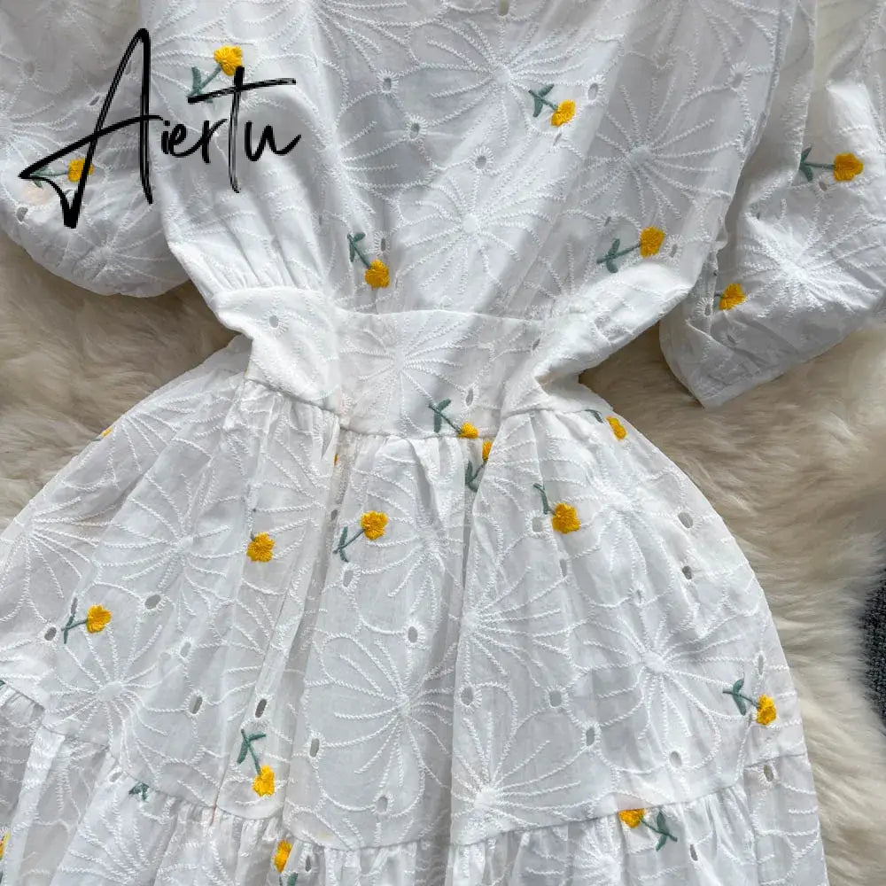 Aiertu Fashion Sweet Long Sundress Women Square Collar Short Puff Sleeves Embroidery Floral Ruched Zipper Beach Style Dress Aiertu