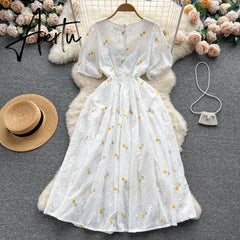 Aiertu Fashion Sweet Long Sundress Women Square Collar Short Puff Sleeves Embroidery Floral Ruched Zipper Beach Style Dress Aiertu