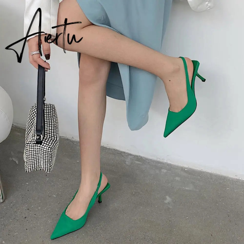 Aiertu  Fashion Thin High Heels Slingback Sandals Pointed Toe Slip On Mules Shoes Ladies Elegant Shallow Pumps Party Dress Shoes Aiertu