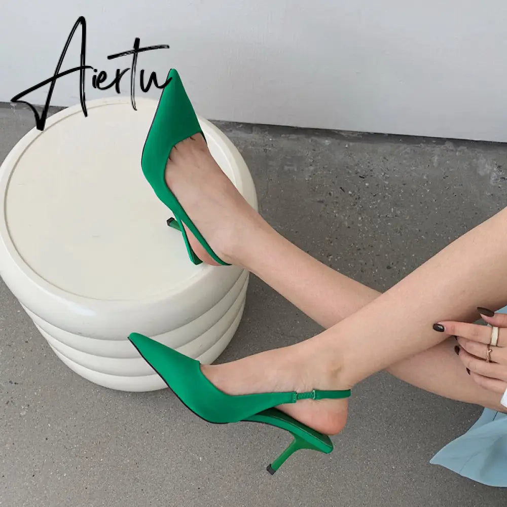 Aiertu  Fashion Thin High Heels Slingback Sandals Pointed Toe Slip On Mules Shoes Ladies Elegant Shallow Pumps Party Dress Shoes Aiertu