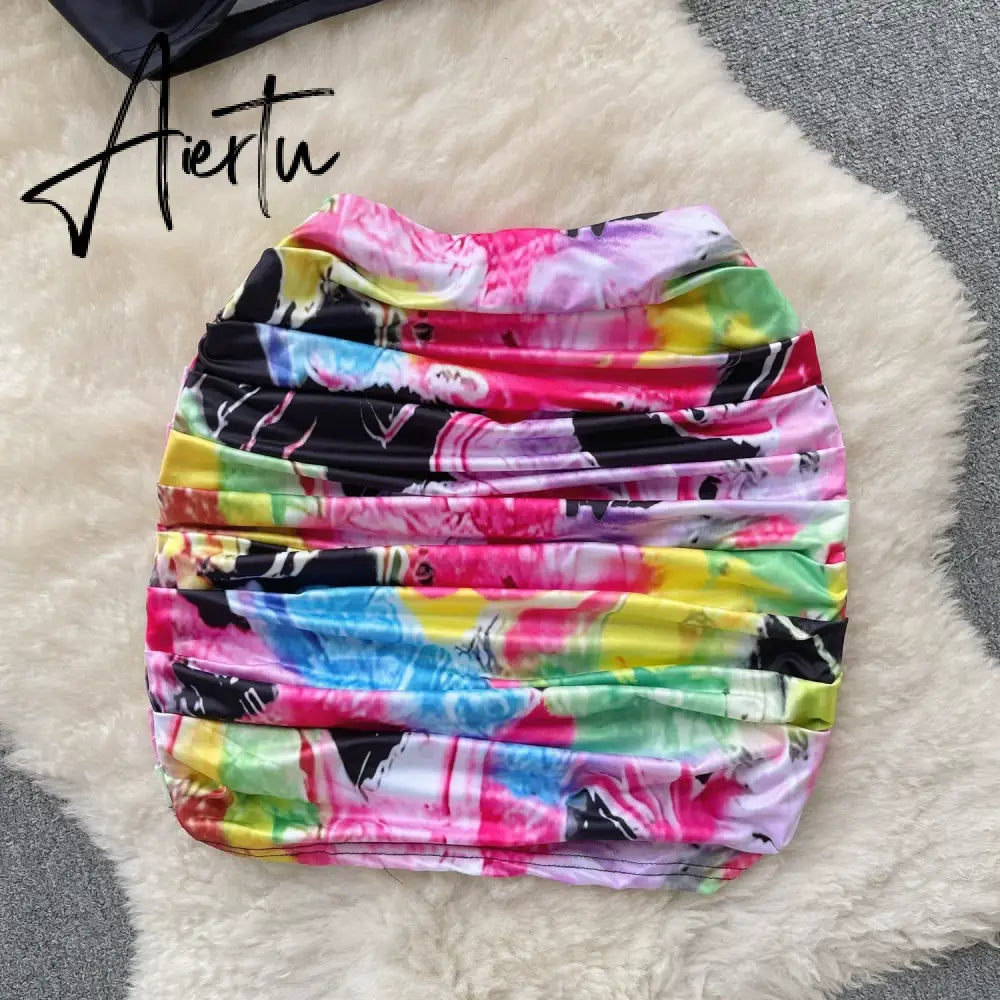 Aiertu Fashion Trend Hotsweet Print Suits Women Halter Sleeveless Top+ Ruched Bodycon Mini Skirt Streetwea Two Pieces Sets Aiertu