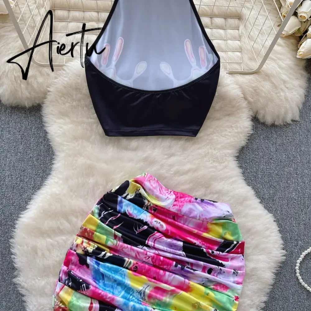 Aiertu Fashion Trend Hotsweet Print Suits Women Halter Sleeveless Top+ Ruched Bodycon Mini Skirt Streetwea Two Pieces Sets Aiertu