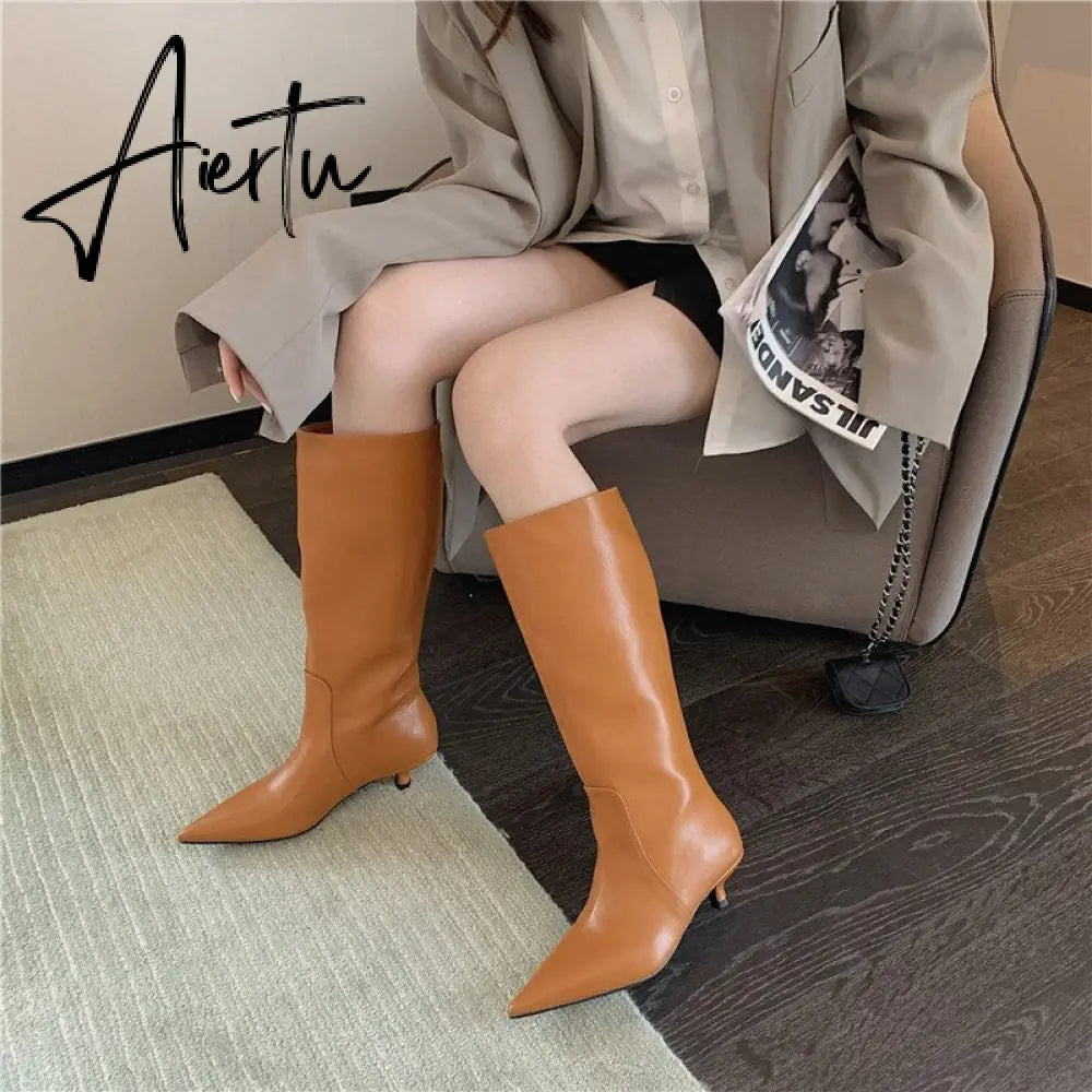 Aiertu Fashion Women Chelsea Booties Pointed Toe Black/White/Orange Winter Ladies Knee High Boots Woman Thin Low Heels Martin Booties Aiertu