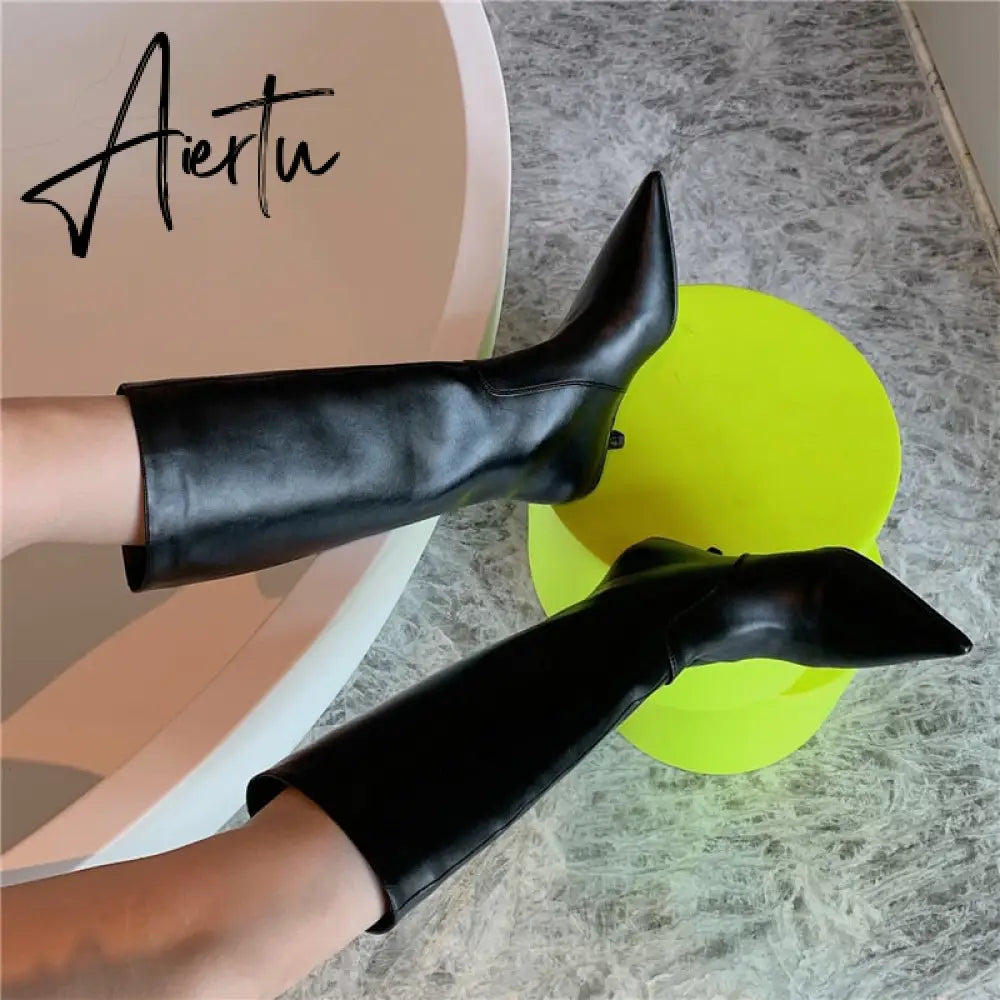 Aiertu Fashion Women Chelsea Booties Pointed Toe Black/White/Orange Winter Ladies Knee High Boots Woman Thin Low Heels Martin Booties Aiertu