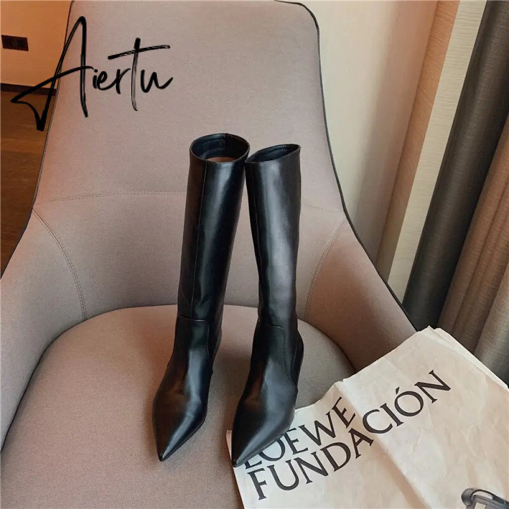 Aiertu Fashion Women Chelsea Booties Pointed Toe Black/White/Orange Winter Ladies Knee High Boots Woman Thin Low Heels Martin Booties Aiertu