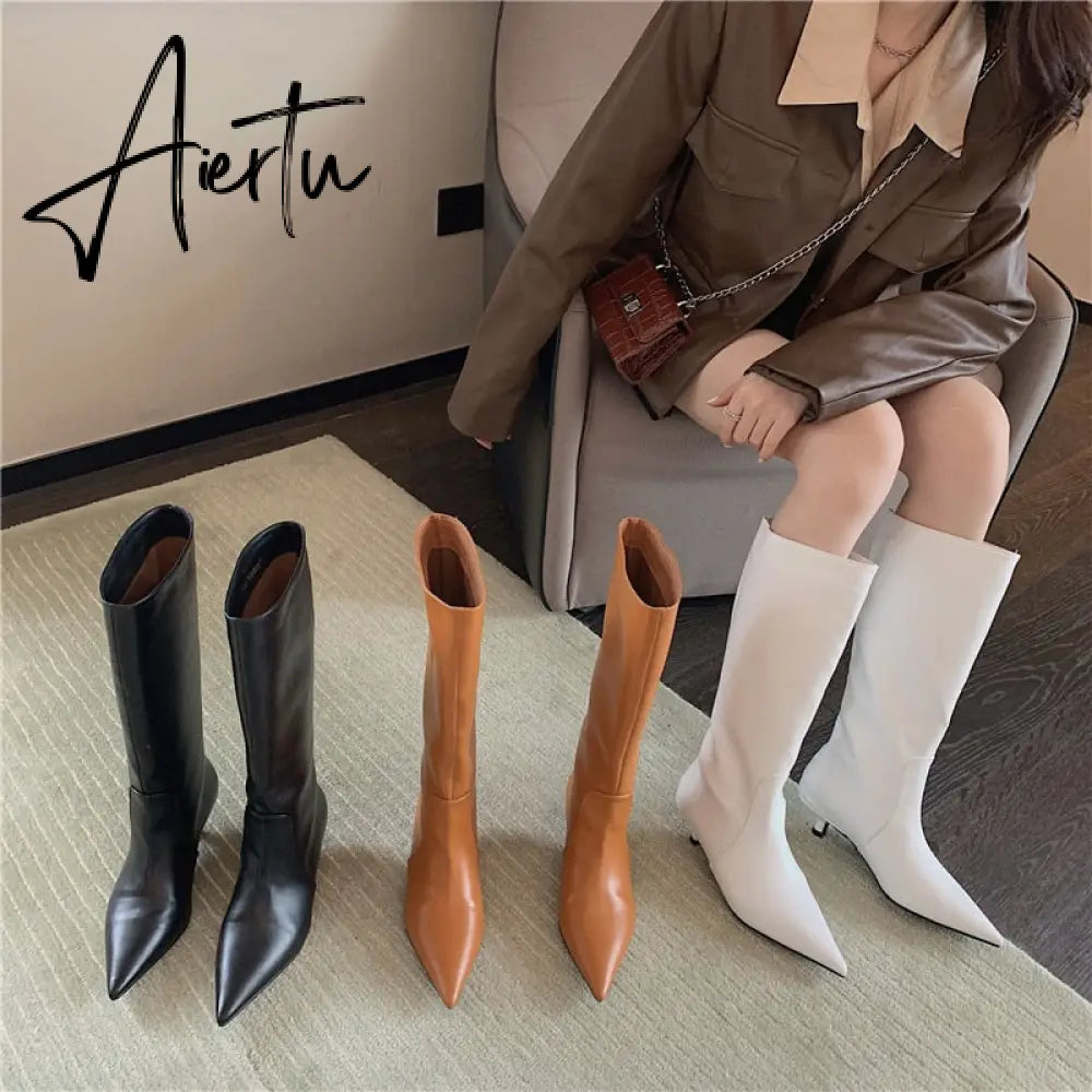 Aiertu Fashion Women Chelsea Booties Pointed Toe Black/White/Orange Winter Ladies Knee High Boots Woman Thin Low Heels Martin Booties Aiertu