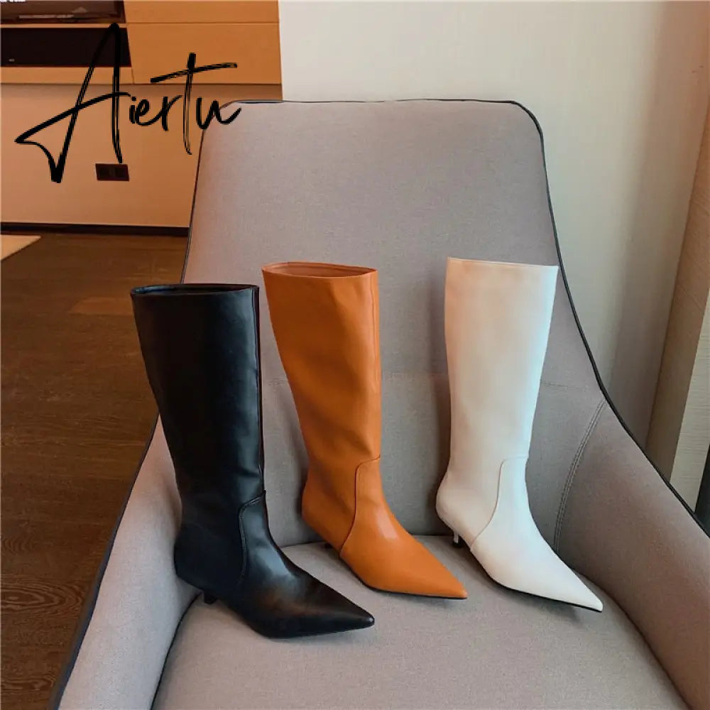 Aiertu Fashion Women Chelsea Booties Pointed Toe Black/White/Orange Winter Ladies Knee High Boots Woman Thin Low Heels Martin Booties Aiertu