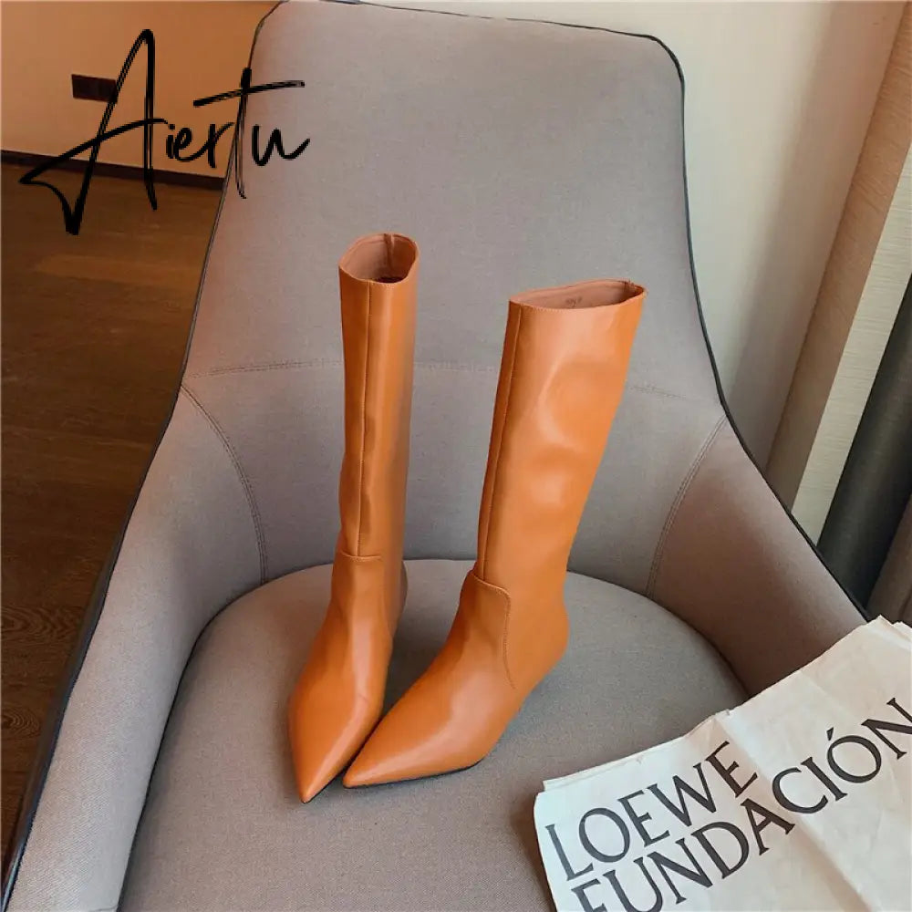 Aiertu Fashion Women Chelsea Booties Pointed Toe Black/White/Orange Winter Ladies Knee High Boots Woman Thin Low Heels Martin Booties Aiertu