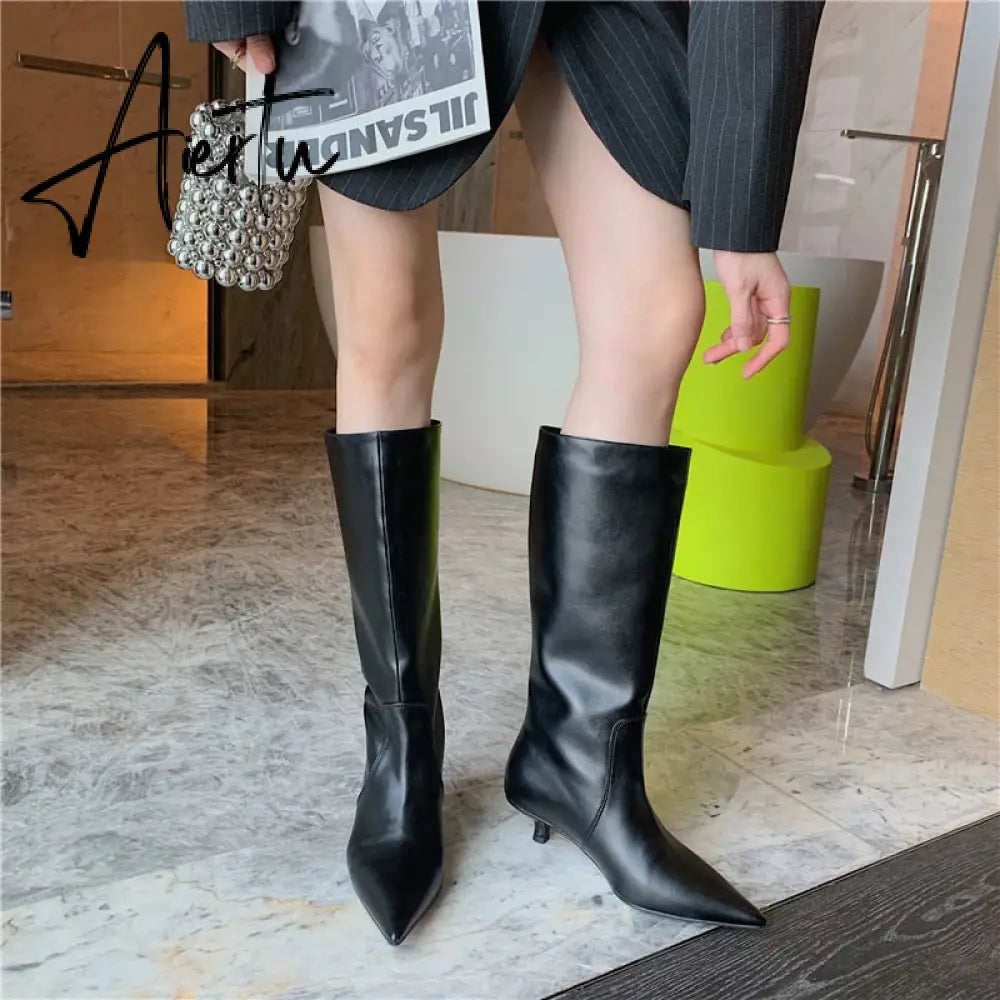 Aiertu Fashion Women Chelsea Booties Pointed Toe Black/White/Orange Winter Ladies Knee High Boots Woman Thin Low Heels Martin Booties Aiertu