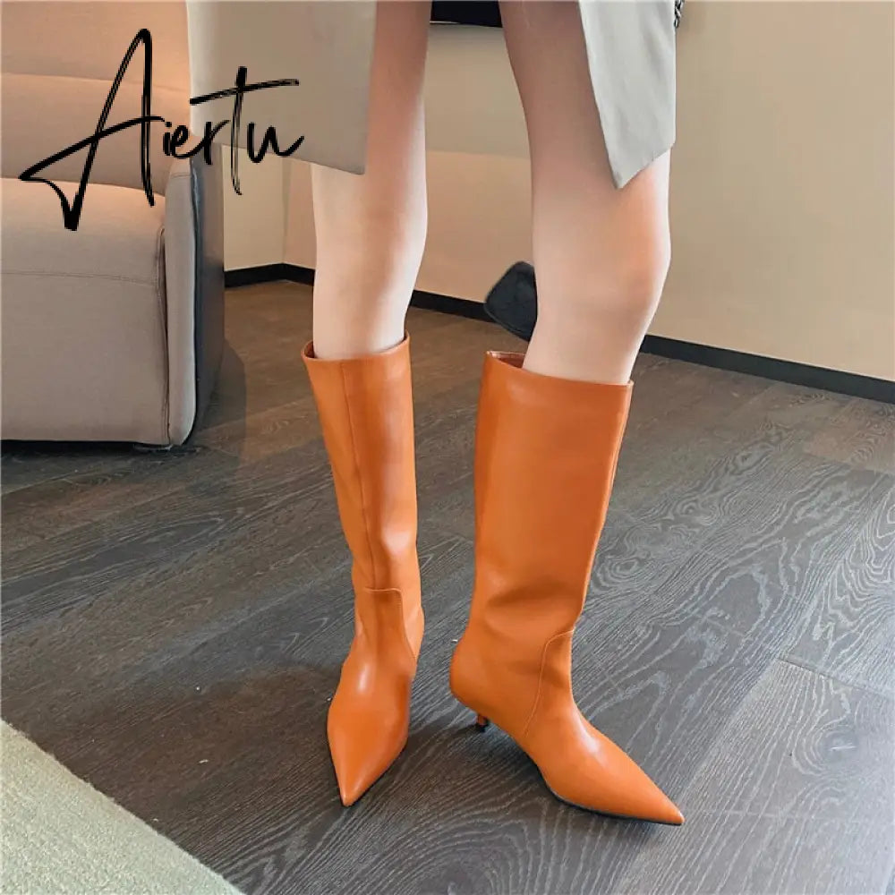 Aiertu Fashion Women Chelsea Booties Pointed Toe Black/White/Orange Winter Ladies Knee High Boots Woman Thin Low Heels Martin Booties Aiertu