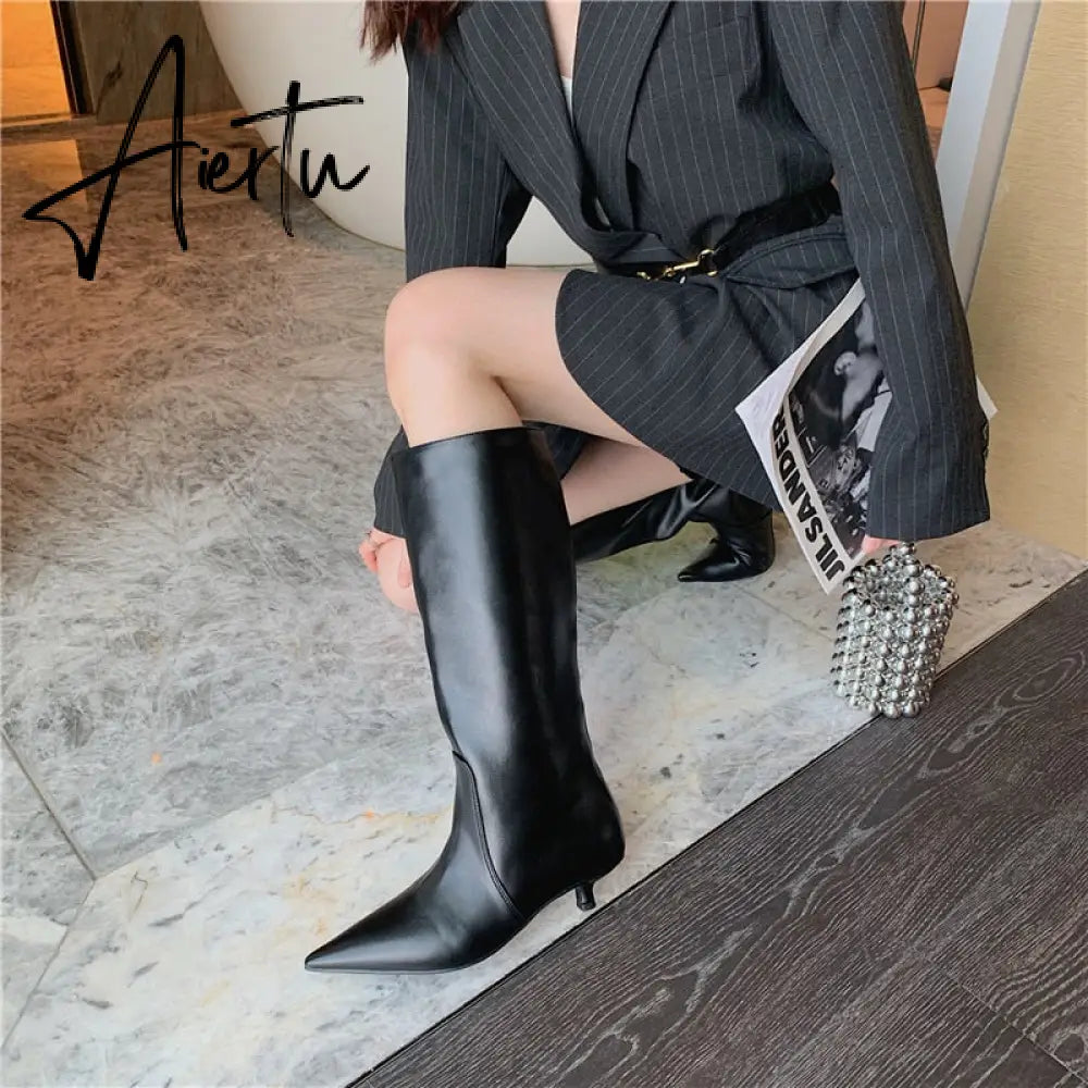 Aiertu Fashion Women Chelsea Booties Pointed Toe Black/White/Orange Winter Ladies Knee High Boots Woman Thin Low Heels Martin Booties Aiertu